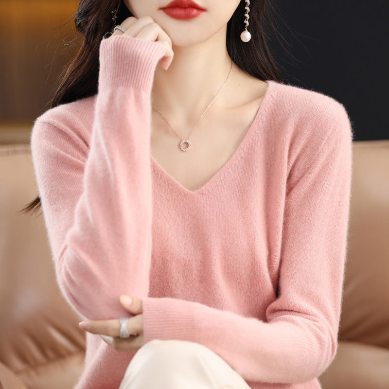 Women's Knitted New V-neck Pullover Sweater Wool Base Shirt