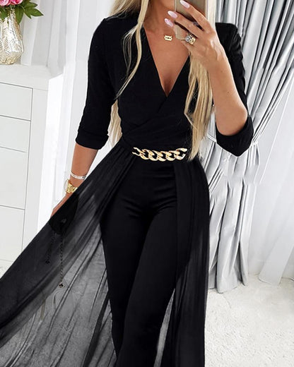 Black Mesh V-neck Patchwork Jumpsuit