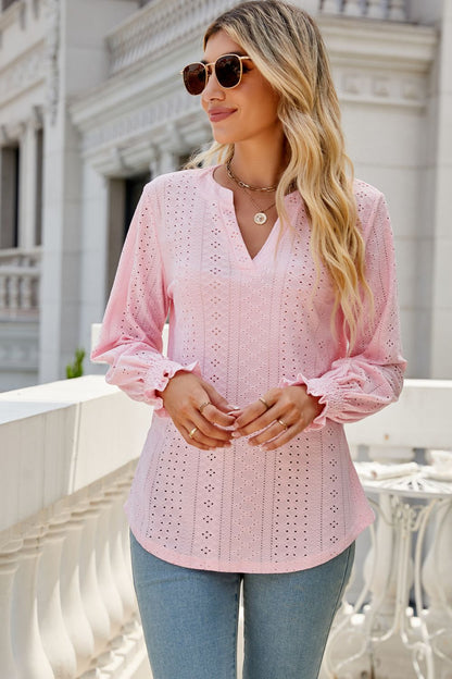 Notched Flounce Sleeve Eyelet Top