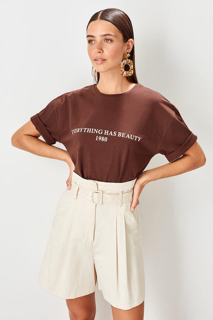 T-shirts femme en coton marron Top imprimé