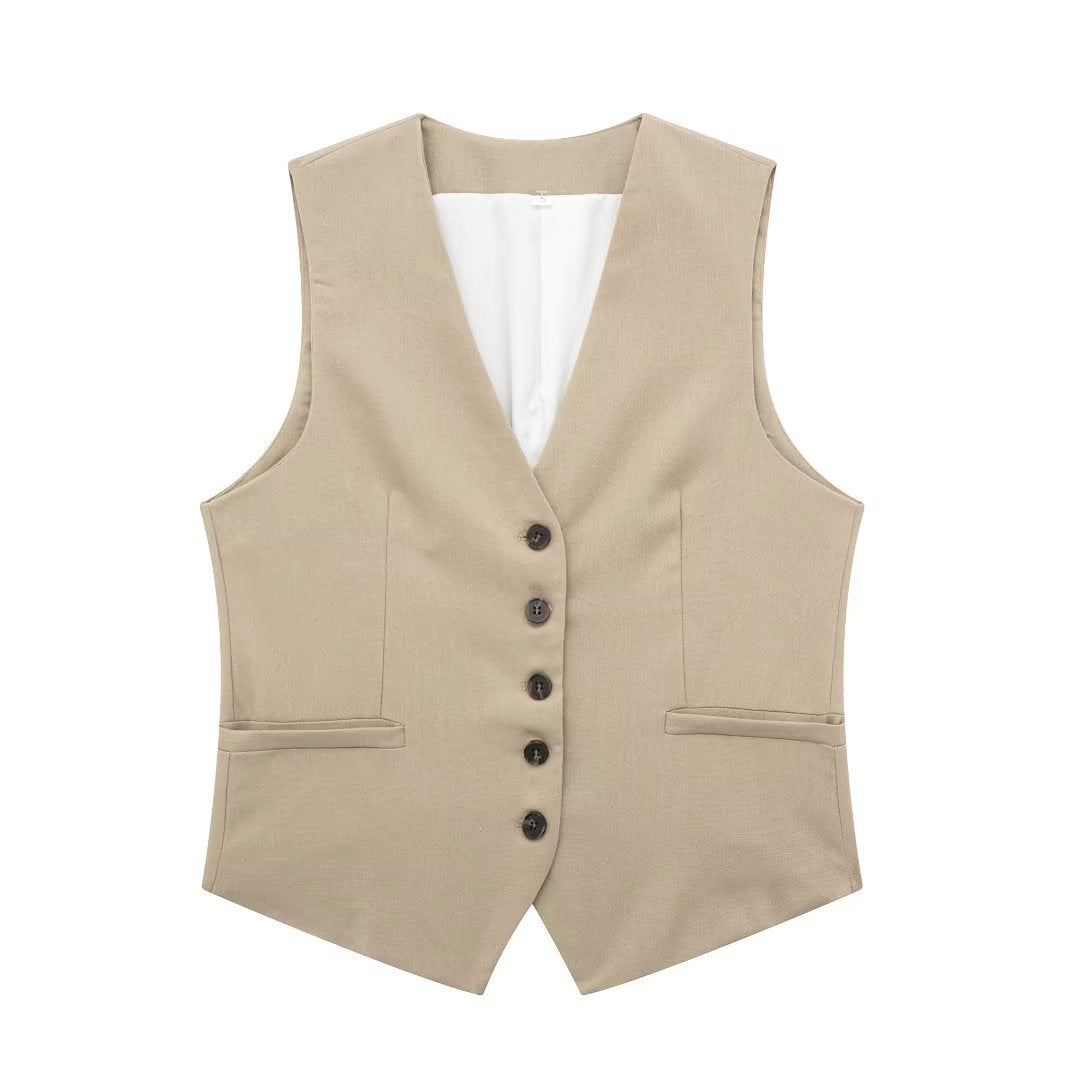 Costume gilet à simple boutonnage et col en V, taille haute, jambes larges