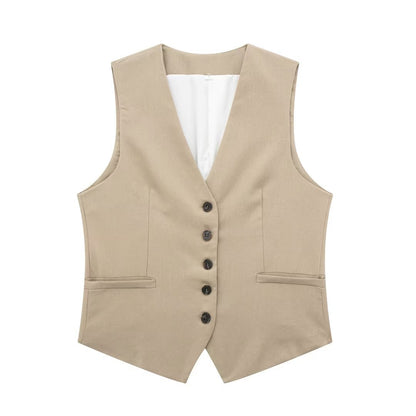 Costume gilet à simple boutonnage et col en V, taille haute, jambes larges