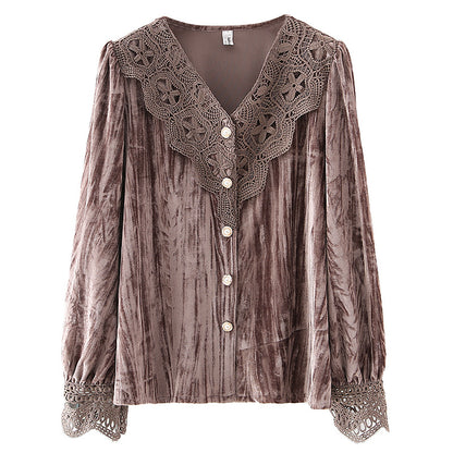 Lace Stitching Velvet Long-sleeved Shirt Top