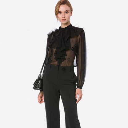 Stand Collar Ruffle Puff Long Sleeve Sheer Chiffon Shirt