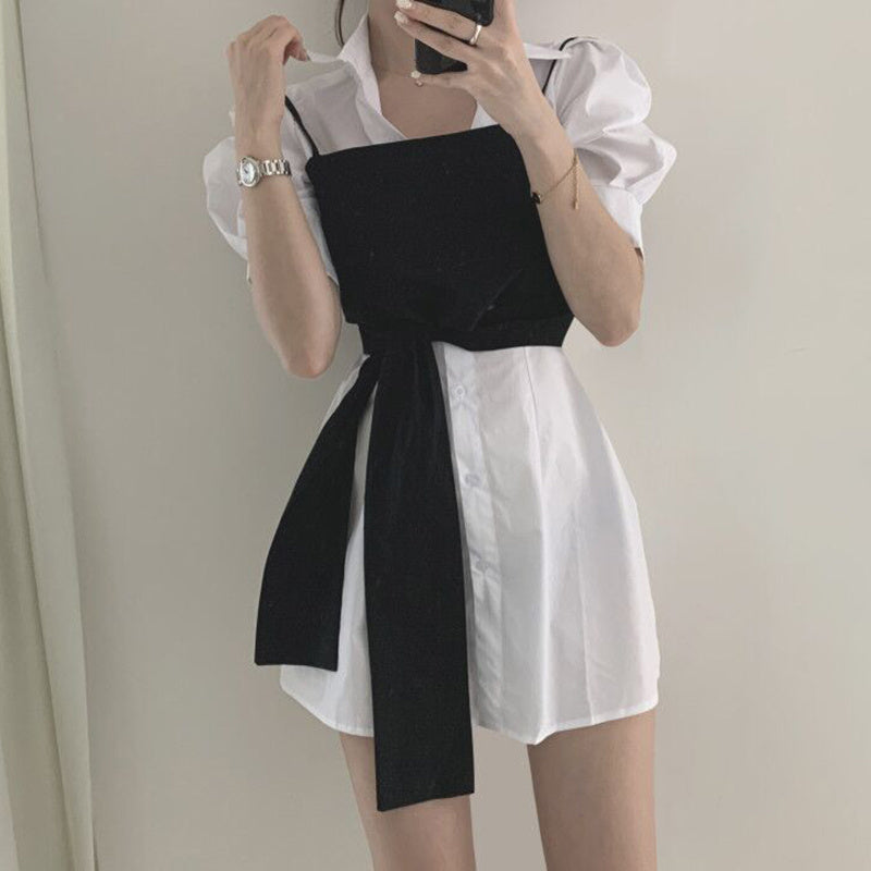 Small Design Feeling Front And Back Chest Strap Plus Medium Length Bubble Sleeve Shirt For Women