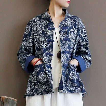 Cotton And Linen Jacket Women's Ethnic Blue Calico Cardigan