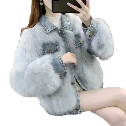 Denim Stitching Fur Coat For Women Autumn And Winter