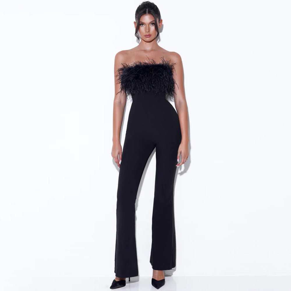 European And American Sexy Tube Top Feather Bandage Jumpsuit