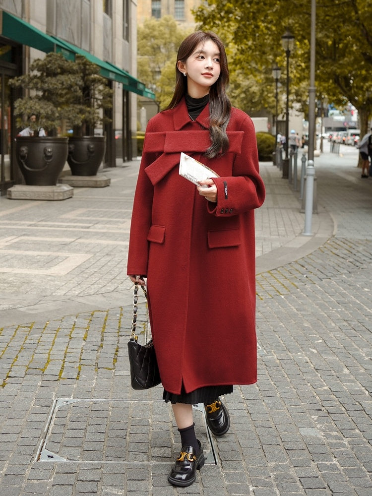 Abrigo de lana con lazo rojo para mujer, abrigo nuevo de otoño e invierno