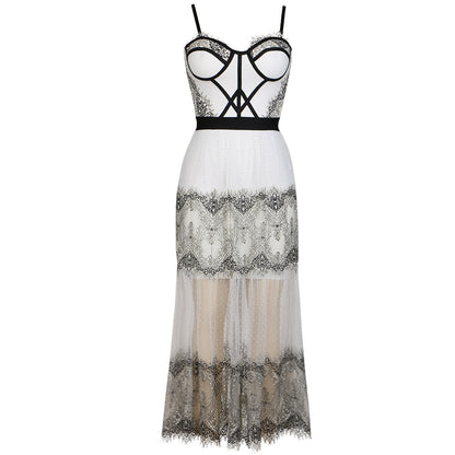 White Suspender Tube Top Lace Mesh Bandage One-piece Dress