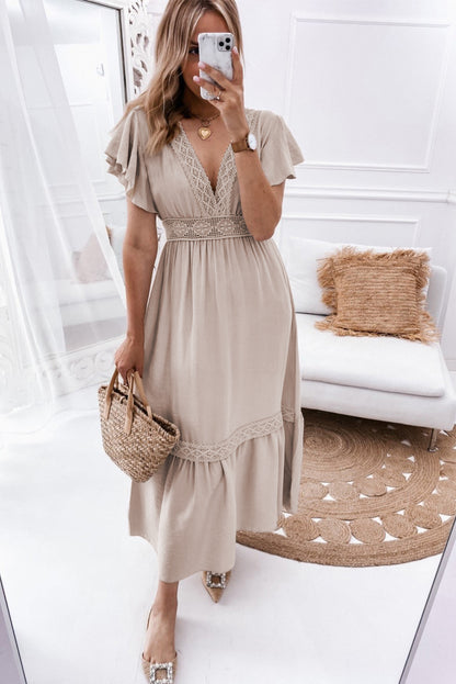 Oatmeal Lace V Neck Ruffled Sleeve Empire Waist Dress