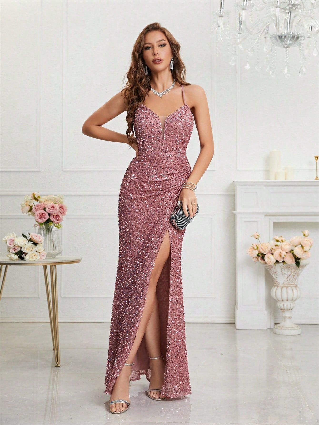 Banquet Temperament Slim Fit Daily V-neck Sequins Dress