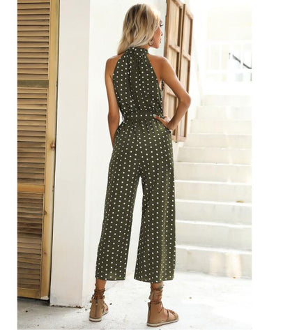 Summer Belted Polka-dot Halterneck Suspender Wide-leg Black Jumpsuit