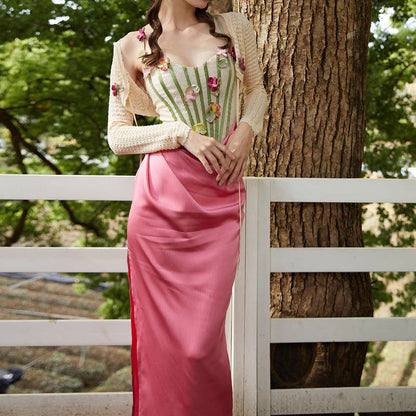 Vestido estilo sujetador de espina de pescado con decoraciones florales retro de corte francés