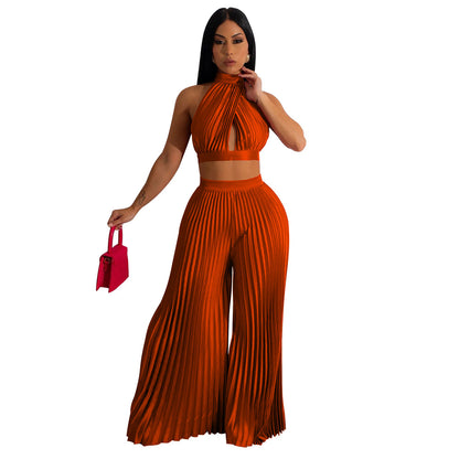 Women's Halter Silk-like Pleated Wide-leg Pants Two-piece Set