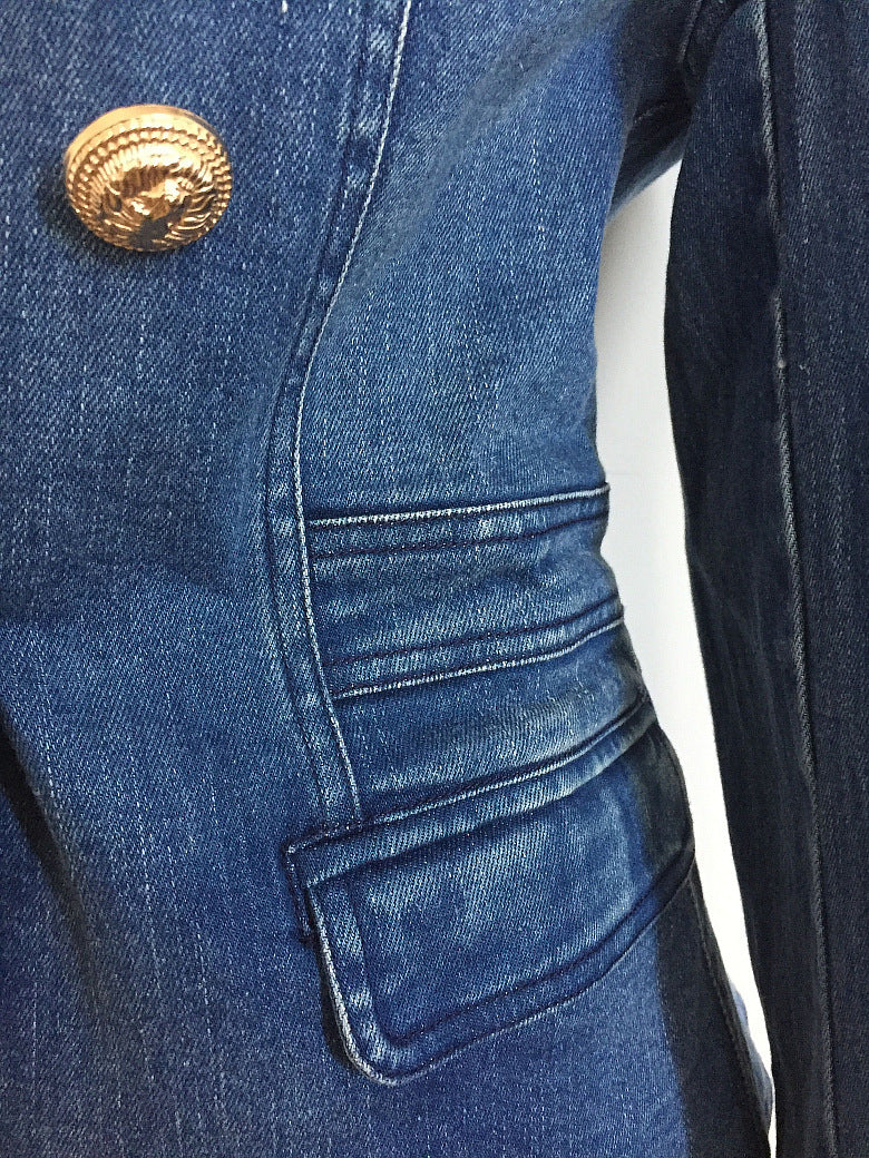 Double-breasted Lion Buckle Washing Water Denim Blazer