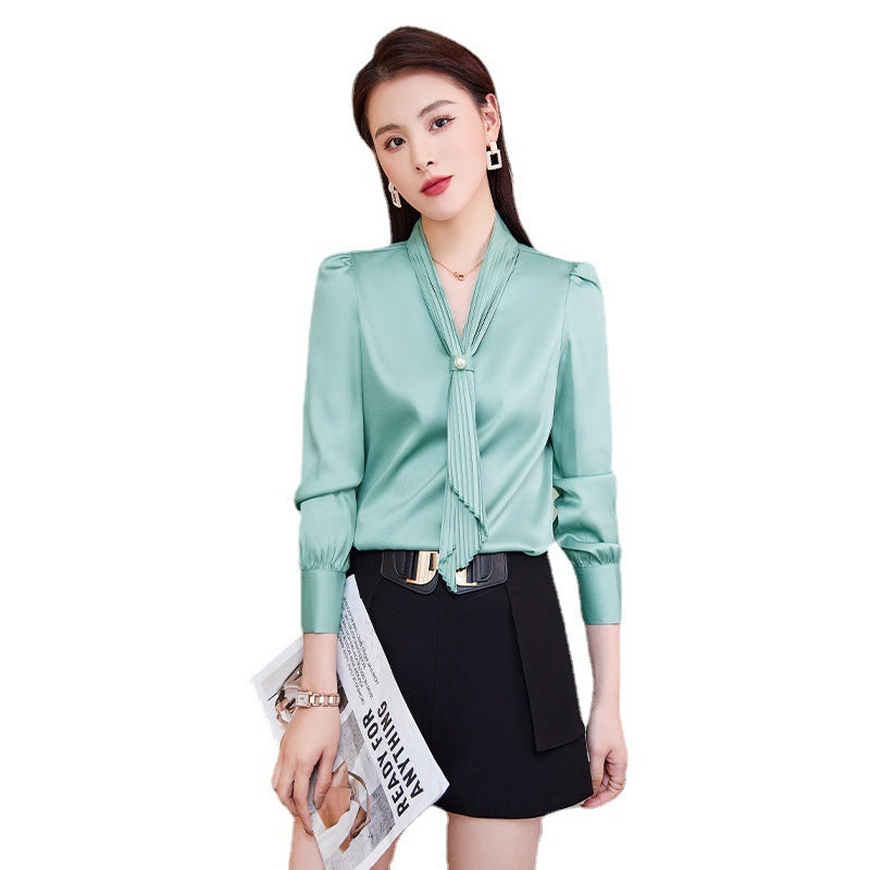 Satin Streamer  Ladies Design Niche Long-sleeved Professional Top Clothes Western Style Small Shirt