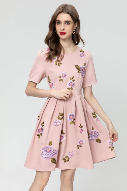 French Sweet Temperament Sequin Embroider Puff Sleeve Waist-tight A- Line Dress