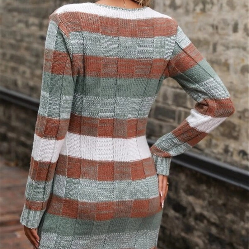 V-neck Color-block Double Pocket Knitted Slim Fit Sweater Dress