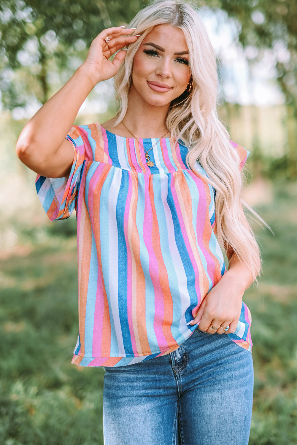 Multicolored Stripe Flutter Sleeve Blouse