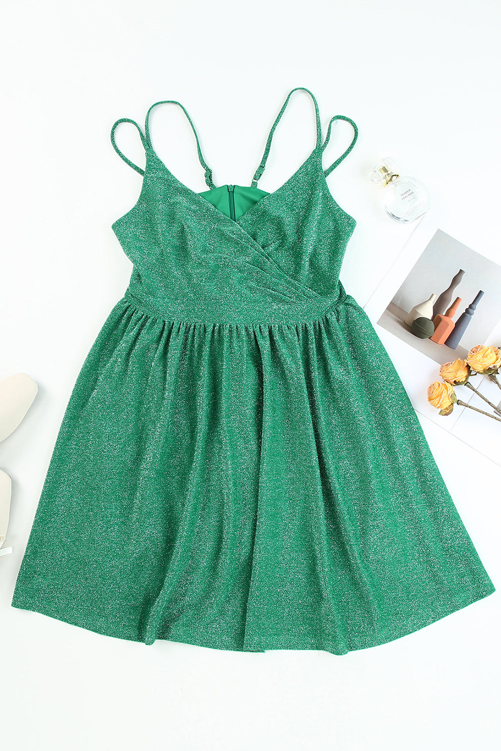 Green Double Straps Metallic Shining Skater Dress