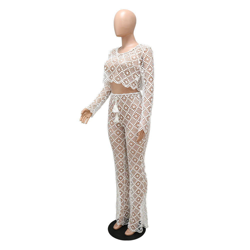 O-neck Short Top Bell-bottom Pants Lace Suit Without Lining