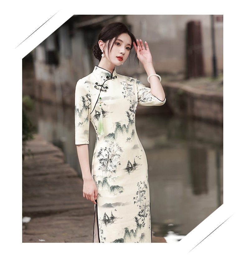 Women's Graceful And Fashionable Half Sleeve Ink Painting Dress