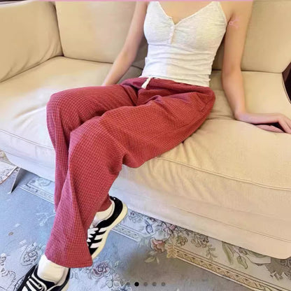 Women's Loose And Elastic Waist Drawstring Red Plaid Casual Trousers