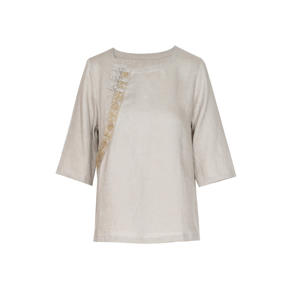 Linen Embroidered Chinese Crew Neck Top Pullover