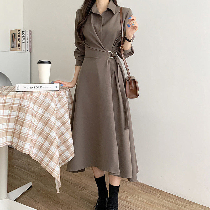 Single-breasted Side Lace-up Waist-controlled Solid Color Below The Knee Long Sleeve Dress