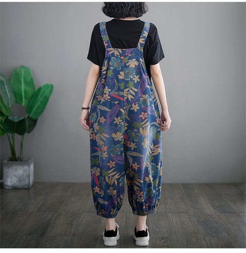 Loose Slimming Slim Fit Printed Cropped Denim Suspender Pants