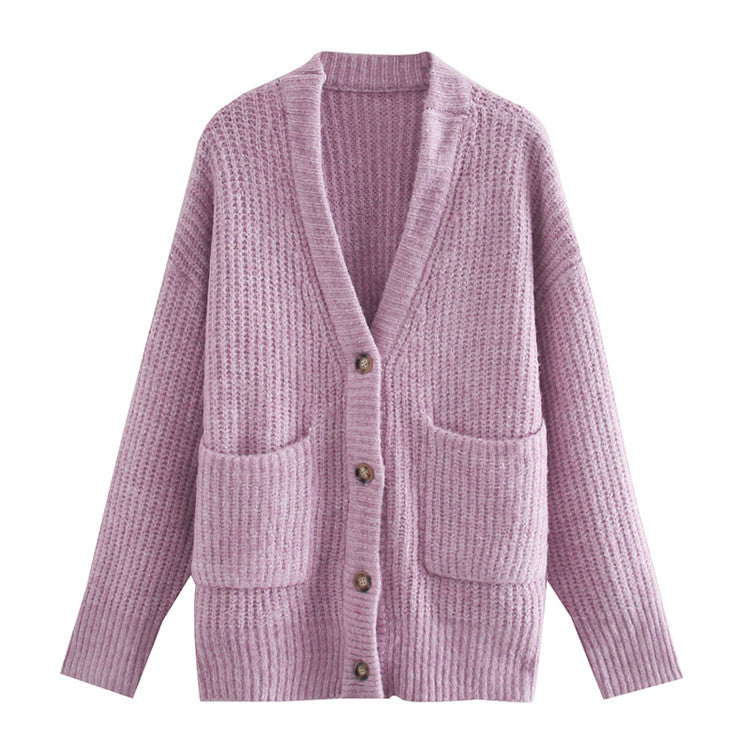 Cardigan en tricot paresseux pour femmes, manteau ample avec poches plaquées