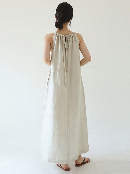 Off-the-shoulder Cotton And Linen Dress With Loose Tie