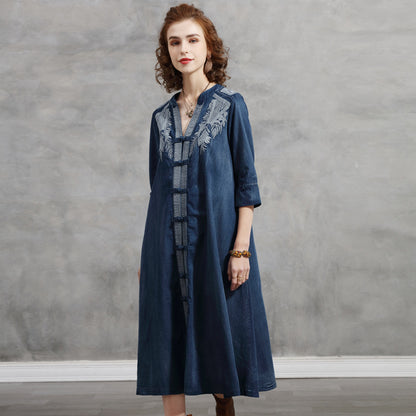 Embroidered Plus Size Women's Mid-sleeve Denim Dress