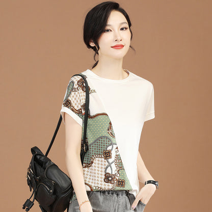 Summer Loose T-Shirt Top Crew Neck Patchwork Chiffon