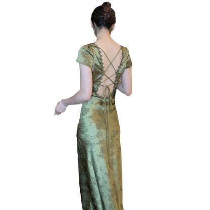 Robe en satin dos nu à col en V pour femme, menthe verte