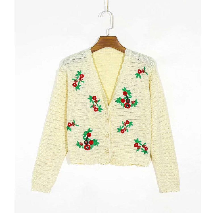 V-neck lace pearl button sweater cardigan