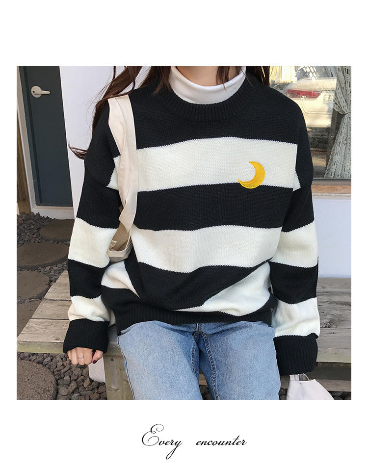 Color matching girl student wide striped knit