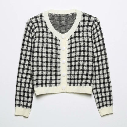 Chaqueta tipo cárdigan de punto jacquard de manga larga delgada con cuello en V retro para mujer