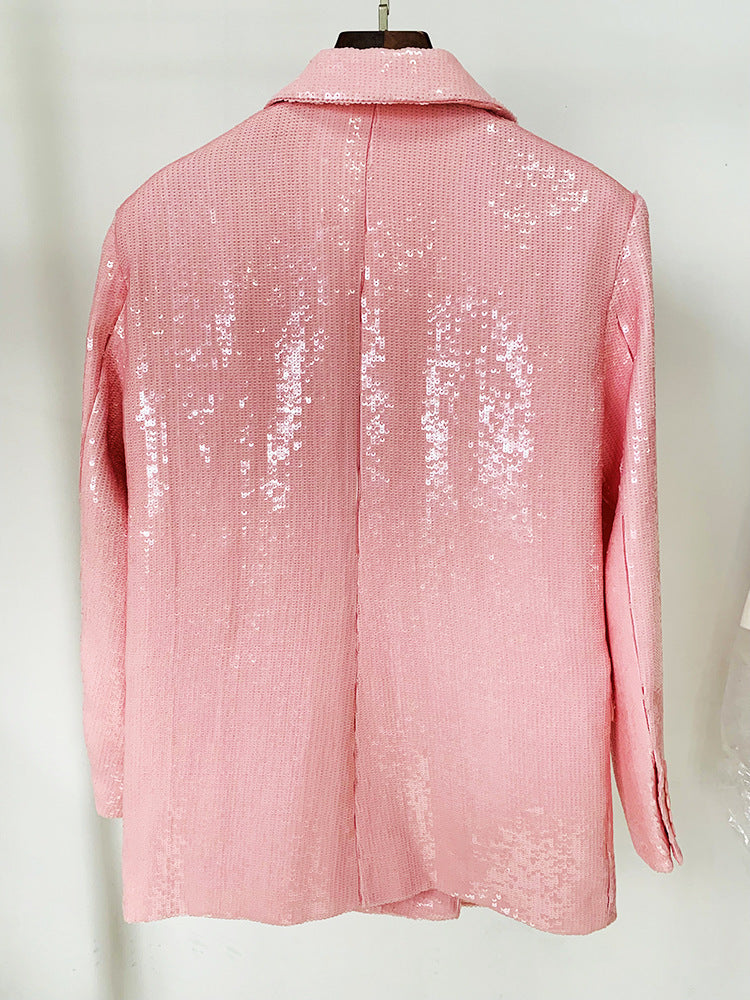 Women's Fashionable Double-breasted Loose Lotus Root Pink Sequined Blazer