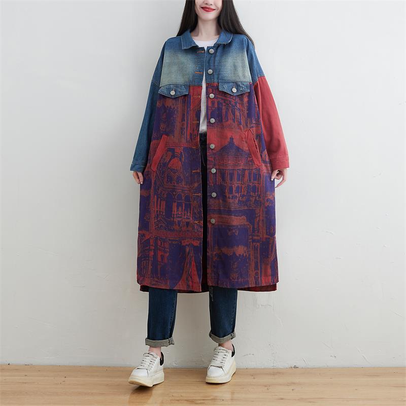 Trench-Coat en Denim Épissé de Grande Taille