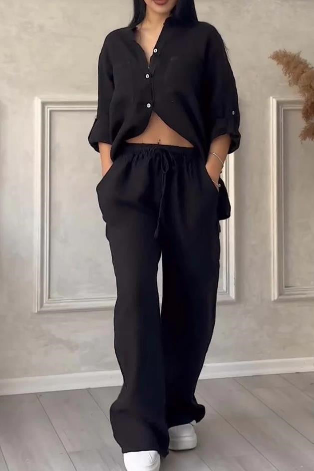 Paquete de pantalones de dos piezas con top informal de manga larga y cuello alto nuevo para mujer