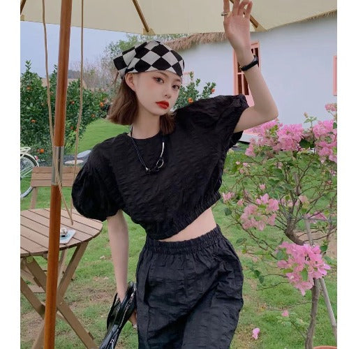 Summer New Style Korean Solid Color Retro Puff Sleeve T-shirt