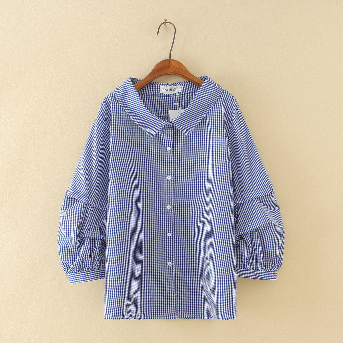 Lantern Three-quarter Sleeve Plaid Shirt Top