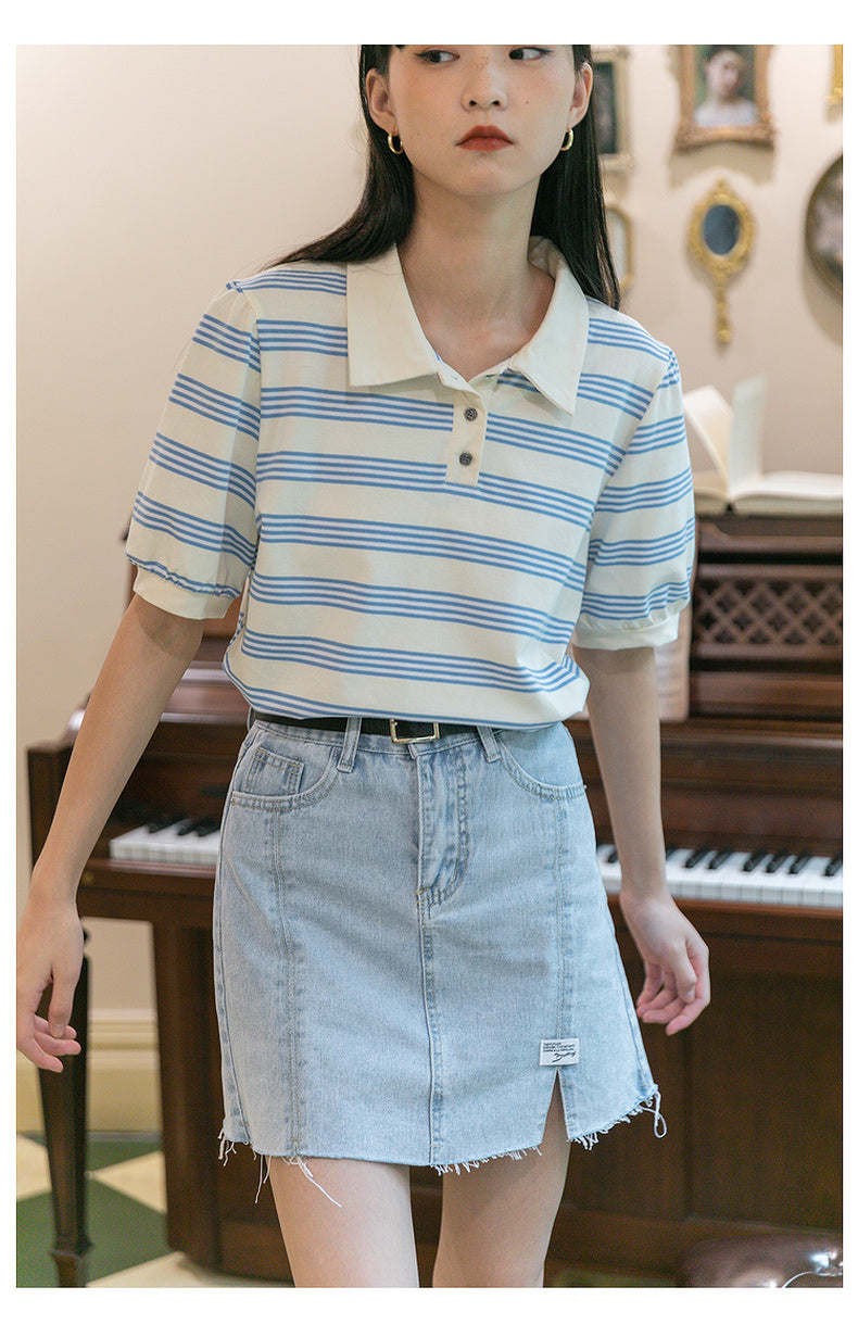 Striped Cotton Short Sleeved T Shirt Lapel Korean Style Design Loose Top