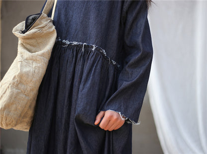 Vestido de rebabas sueltas plisadas de cintura alta azul denim de primavera