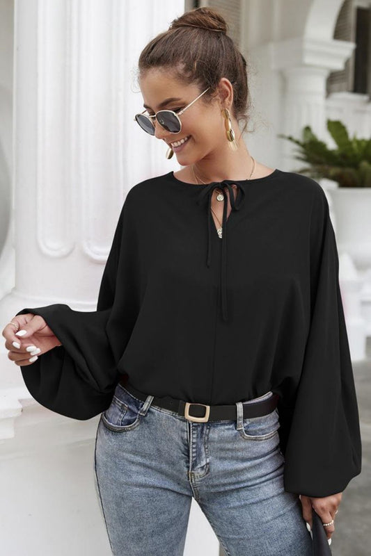 Tie Neck Balloon Sleeve Blouse