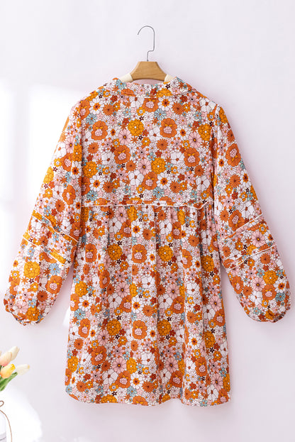 Orange Printed Split Neck Floral Pocketed Shift Dress