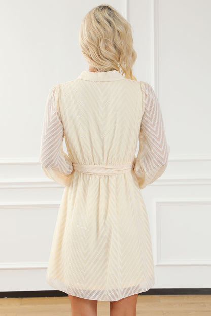 Apricot V Striped Sheer Puff Sleeve Surplice Knot Mini Dress