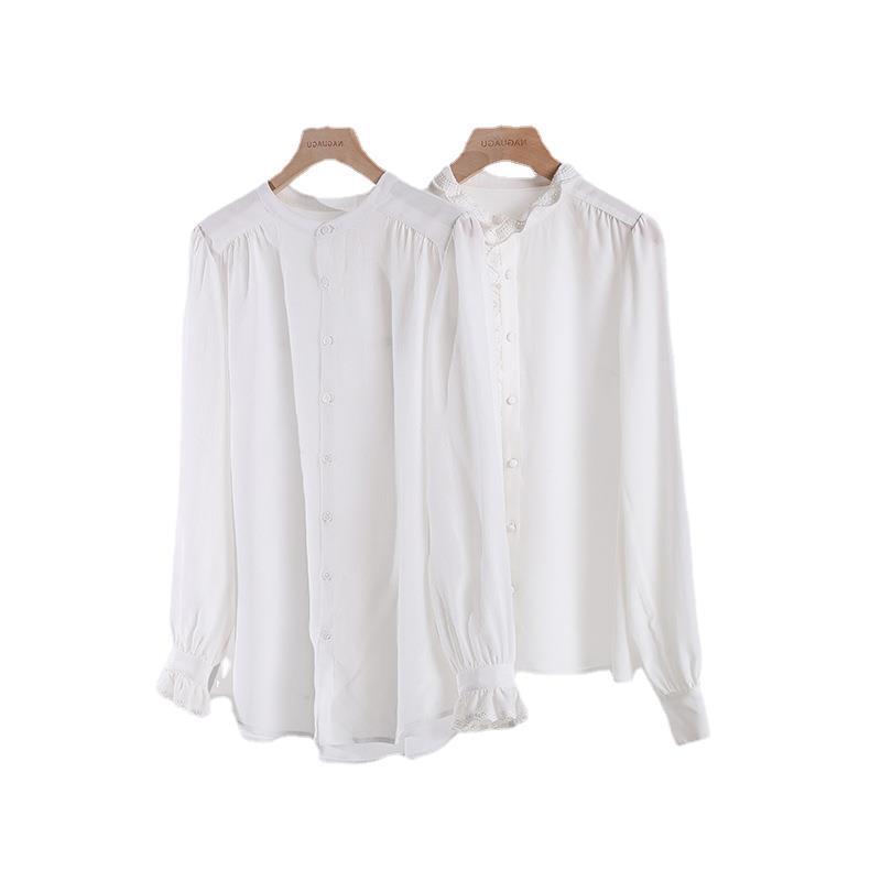 Spring And Autumn New French Chic Stand Collar Puff Sleeve Ladies Shirt